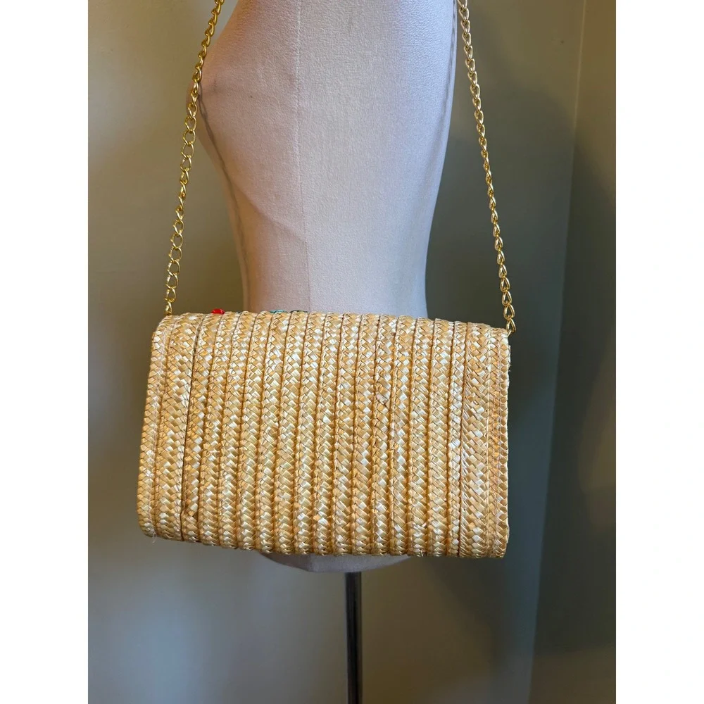 Straw Cherry Embroidered Crossbody Bag Gold Tan Red whimsi dainty cottage resort